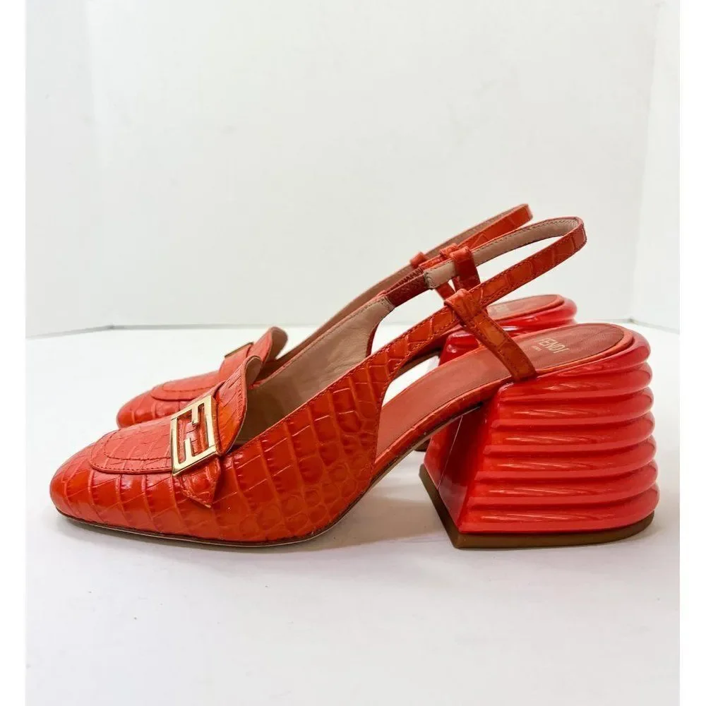 FENDI Orange Rust Runway Croc Effect FF Logo Buckle Slingback Pumps Size… - Picture 12 of 16